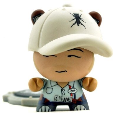 DJ Qbert - Blue figure by Huck Gee, produced by Kidrobot. Front view.