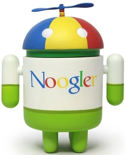 Noogler figure by Jeff Yaksick, produced by Dyzplastic. Front view.