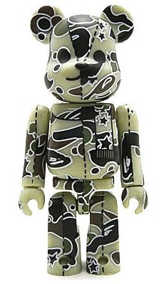 Bape Play Be@rbrick S2 - light green camo figure by Bape, produced by Medicom Toy. Front view.