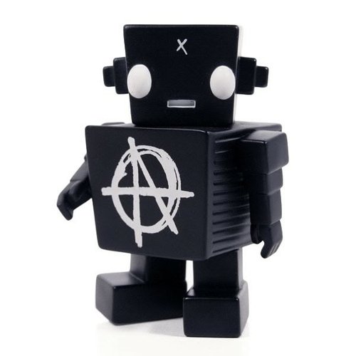 MPH Exclusive Anarchy Black Tofu Robot figure by Frank Kozik, produced by Spicy Brown. Front view.