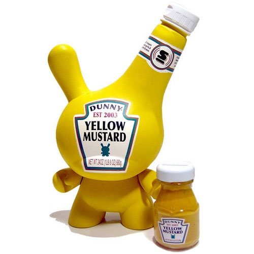 Yellow Mustard Dunny figure by Sket One. Front view.