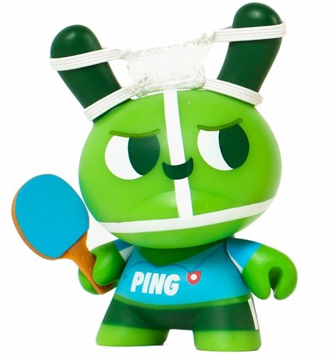 The Ping Pong Twins - Ping  figure by Mauro Gatti, produced by Kidrobot. Front view.