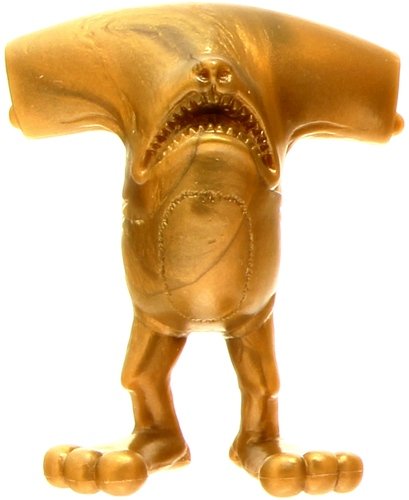 Bunnywith...Hammerhead - Gold figure by Alex Pardee. Front view.