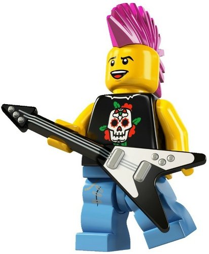 Punk Music Guitarist figure by Lego, produced by Lego. Front view.