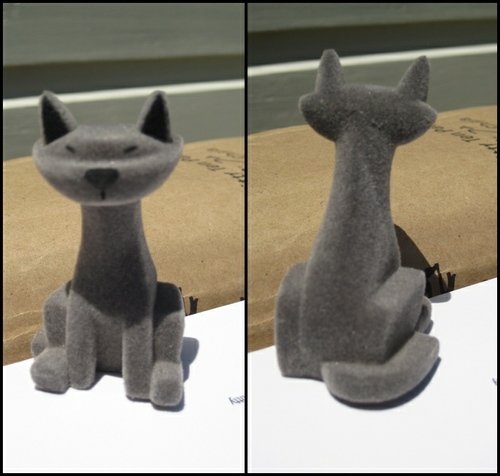 Grey Flocked Kitty  figure by Ashley Wood, produced by Threea. Front view.
