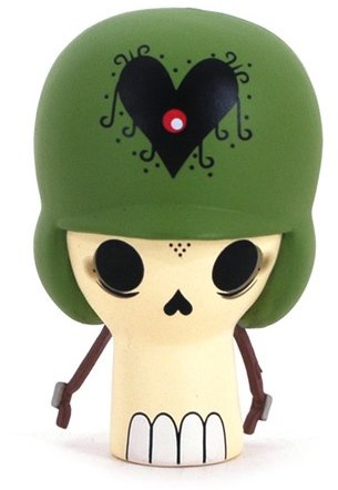 Soldier Skull figure by Ryan Bubnis, produced by Kidrobot. Front view.