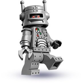 Robot figure by Lego, produced by Lego. Front view.