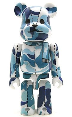 Bape Play Be@rbrick S1 - Blue Camo figure by Bape, produced by Medicom Toy. Front view.