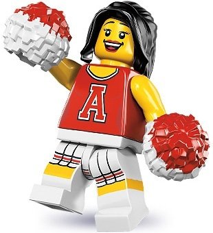 Red Cheerleader figure by Lego, produced by Lego. Front view.