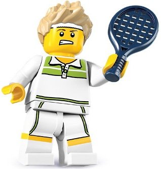 Tennis Ace figure by Lego, produced by Lego. Front view.