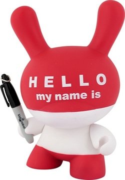 Hello My Name Is (HMNI) figure by Huck Gee, produced by Kidrobot. Front view.