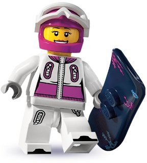 Snowboarder figure by Lego, produced by Lego. Front view.