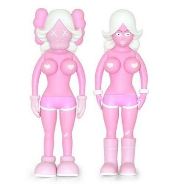 The Twins - Pink figure by Kaws X Reas, produced by Original Fake. Front view.