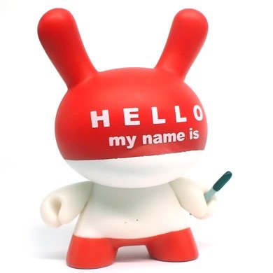 Hello My Name Is (HMNI) figure by Huck Gee, produced by Kidrobot. Front view.