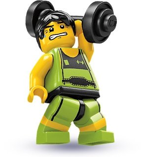 Weightlifter figure by Lego, produced by Lego. Front view.