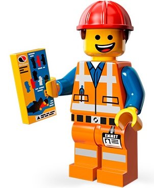 Hard Hat Emmet figure by Lego, produced by Lego. Front view.