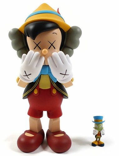 Pinocchio & Jiminy Cricket  figure by Kaws, produced by Medicom Toy. Front view.