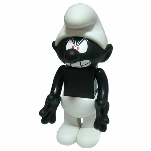 Angry Black Smurf Kubrick - 400% figure by Peyo, produced by Medicom Toy. Front view.