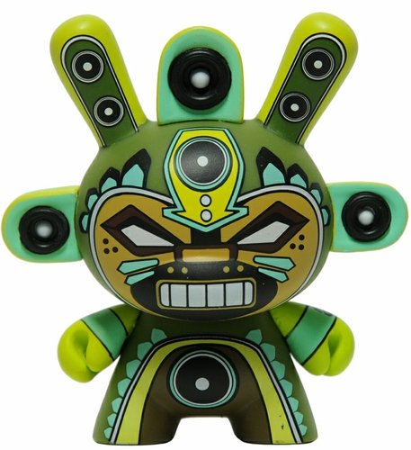 Minigod - Green figure by Marka27, produced by Kidrobot. Front view.