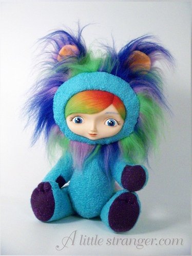 Rainbow Jointed Teddy Bear figure by A Little Stranger. Front view.