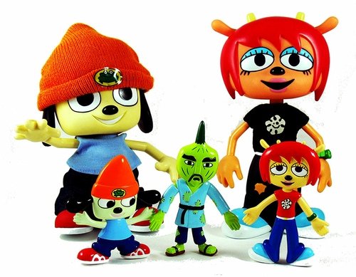 Parappa the Rapper,  Um Jammer Lammy, Chop Chop Master Onion figure by Rodney Greenblatt, produced by Sony Creative. Front view.