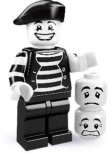 Mime figure by Lego, produced by Lego. Front view.
