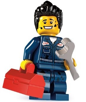 Mechanic figure by Lego, produced by Lego. Front view.