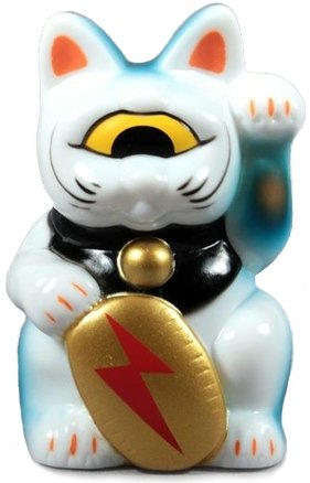 Mini Fortune Cat - White/Blue w/ Lightning Bolt figure by Mori Katsura, produced by Realxhead. Front view.