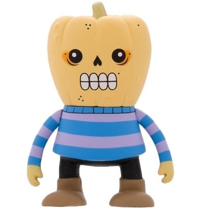 Pumpkin Head figure by Ryan Bubnis, produced by Kidrobot. Front view.