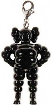 Chum Keychain - Black figure by Kaws, produced by Original Fake. Front view.