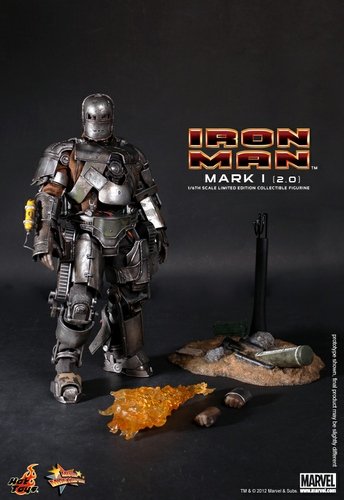 Iron Man Mark I 2.0 figure by Marvel, produced by Hot Toys. Front view.