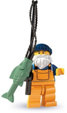 Fisherman figure by Lego, produced by Lego. Front view.
