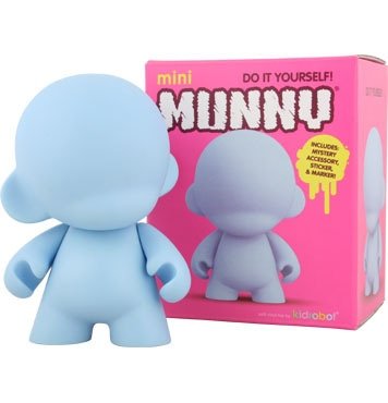 Mini Munny - Blue DIY figure, produced by Kidrobot. Front view.