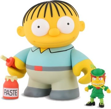 Ralph Wiggum figure by Matt Groening, produced by Kidrobot. Front view.