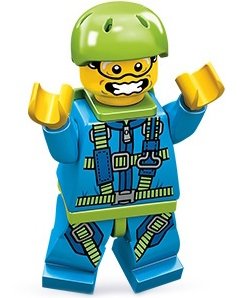 Skydiver figure by Lego, produced by Lego. Front view.