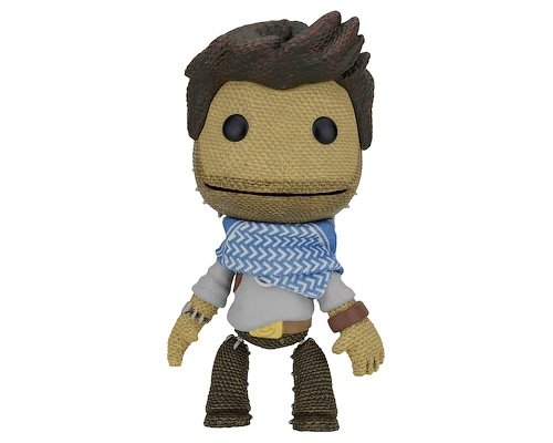 Uncharted Nathan Drake Sackboy figure by Mark Healey And Dave Smith, produced by Neca. Front view.