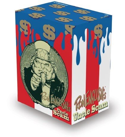 Uncle Scam figure by Ron English, produced by Kid Robot. Packaging.