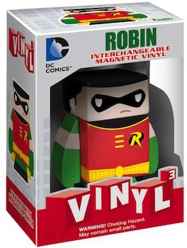 Vinyl³ Robin figure by Dc Comics, produced by Funko. Packaging.